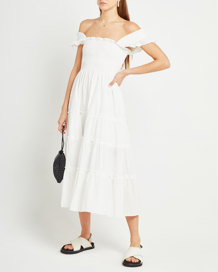 Fourth image of Calypso Maxi Dress, a white maxi dress, swiss dot material, smocked bodice, ruffles cap sleeves