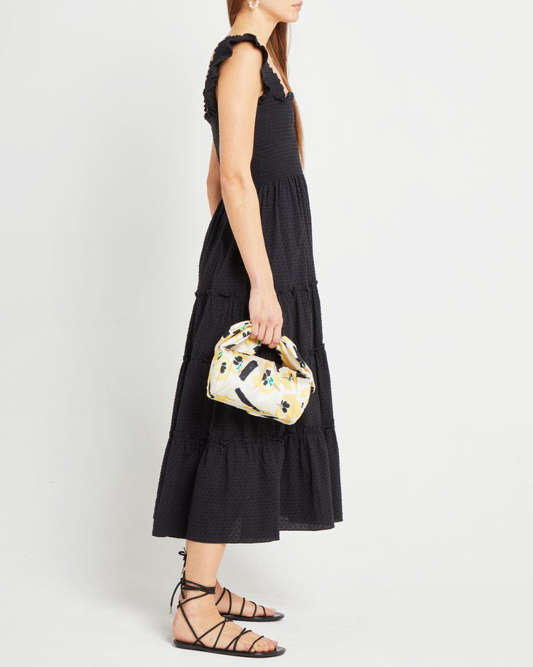 Fifth image of Calypso Maxi Dress, a black maxi dress, swiss dot material, smocked bodice, ruffles cap sleeves