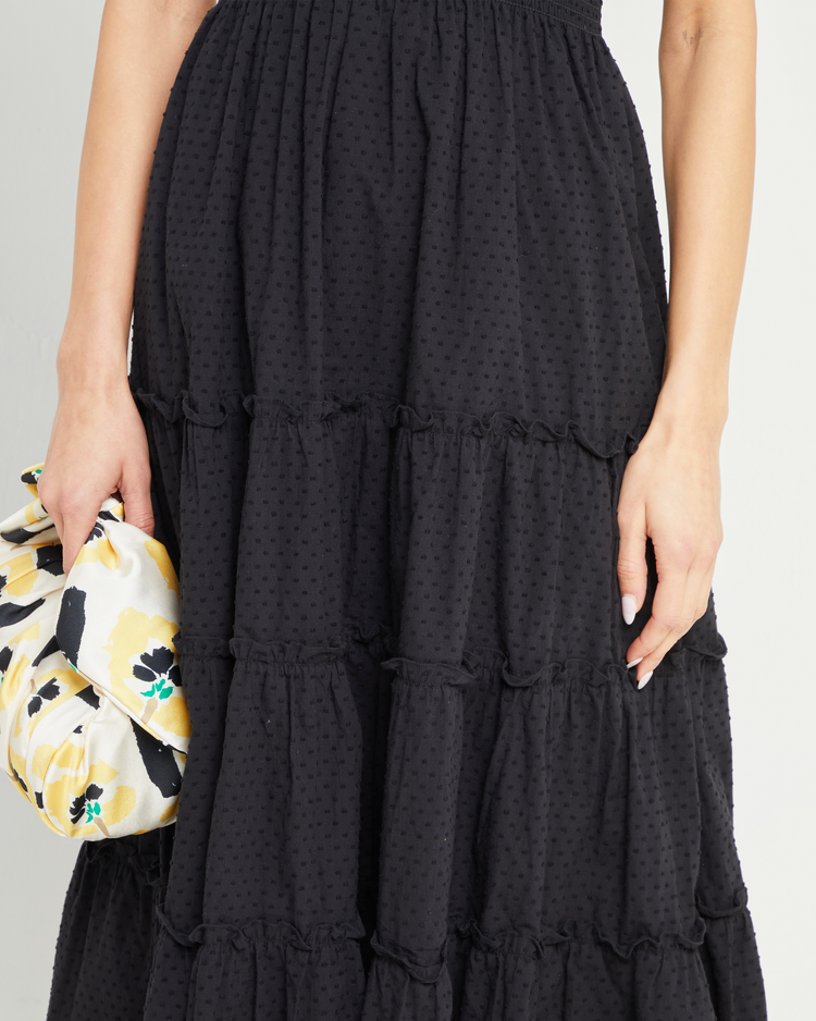 Sixth image of Calypso Maxi Dress, a black maxi dress, swiss dot material, smocked bodice, ruffles cap sleeves