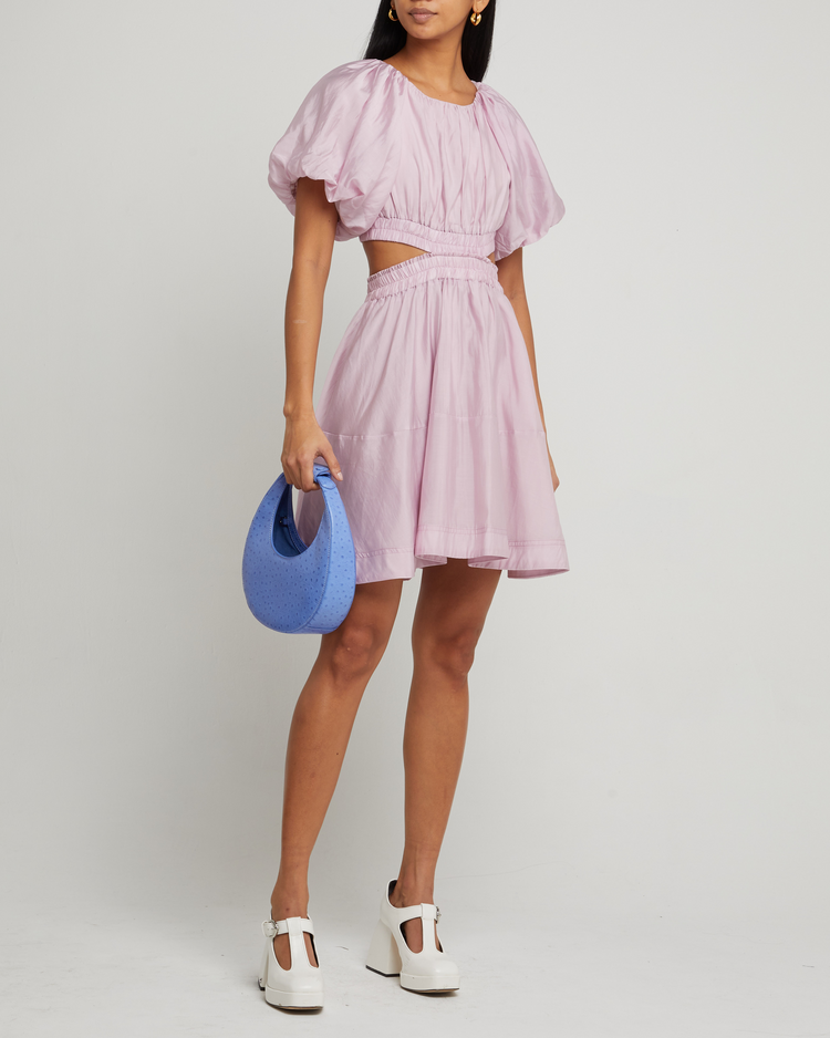 First image of Mayra Dress, a purple mini dress, cut out, open back, high neck, gathered, short sleeves