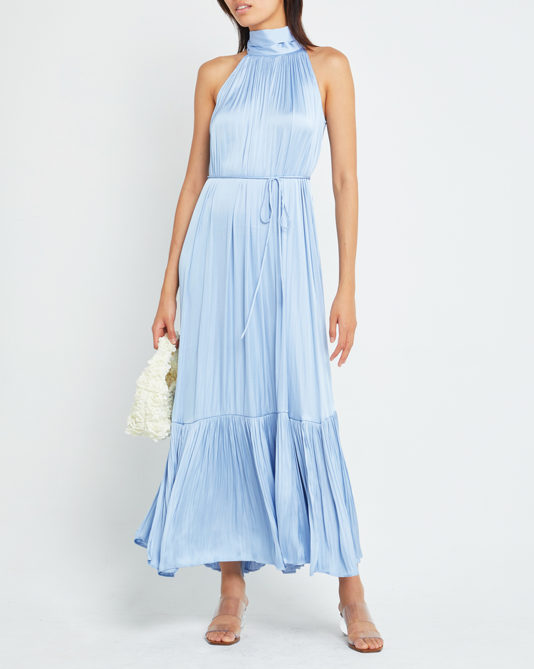 First image of Anika Dress, a blue maxi dress, tie, high neck, silk, satin, waist tie, pleats