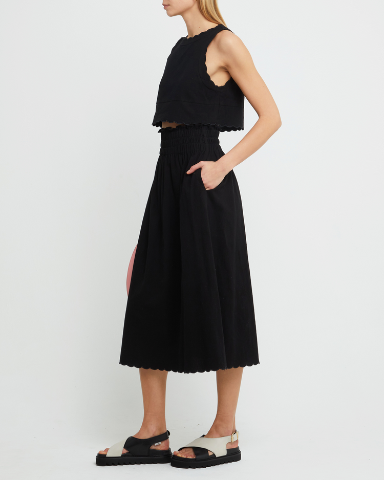 Third image of Chelsea Set, a black top and midi skirt, linen, elastic, scalloped hem, high neck