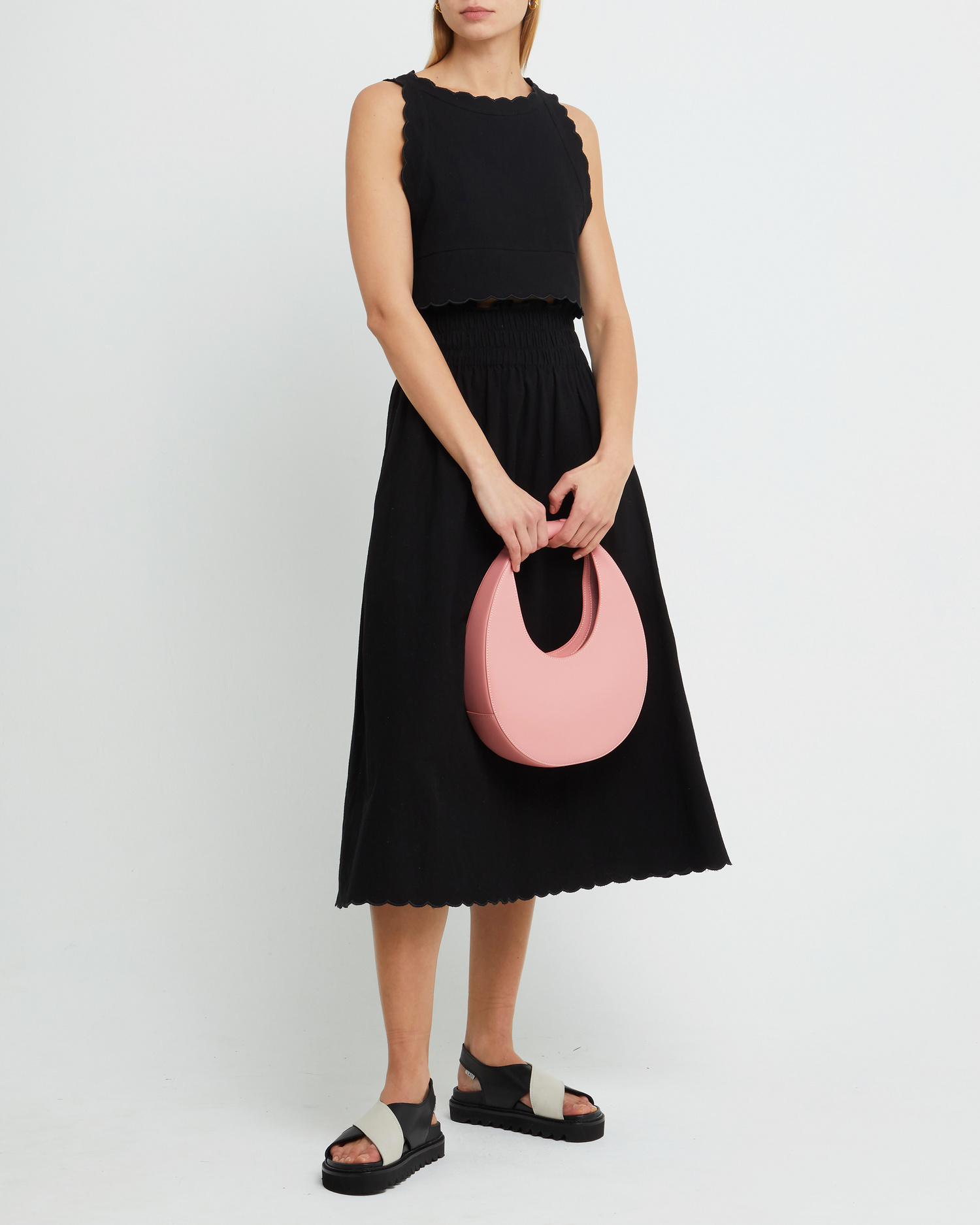 Fifth image of Chelsea Set, a black top and midi skirt, linen, elastic, scalloped hem, high neck