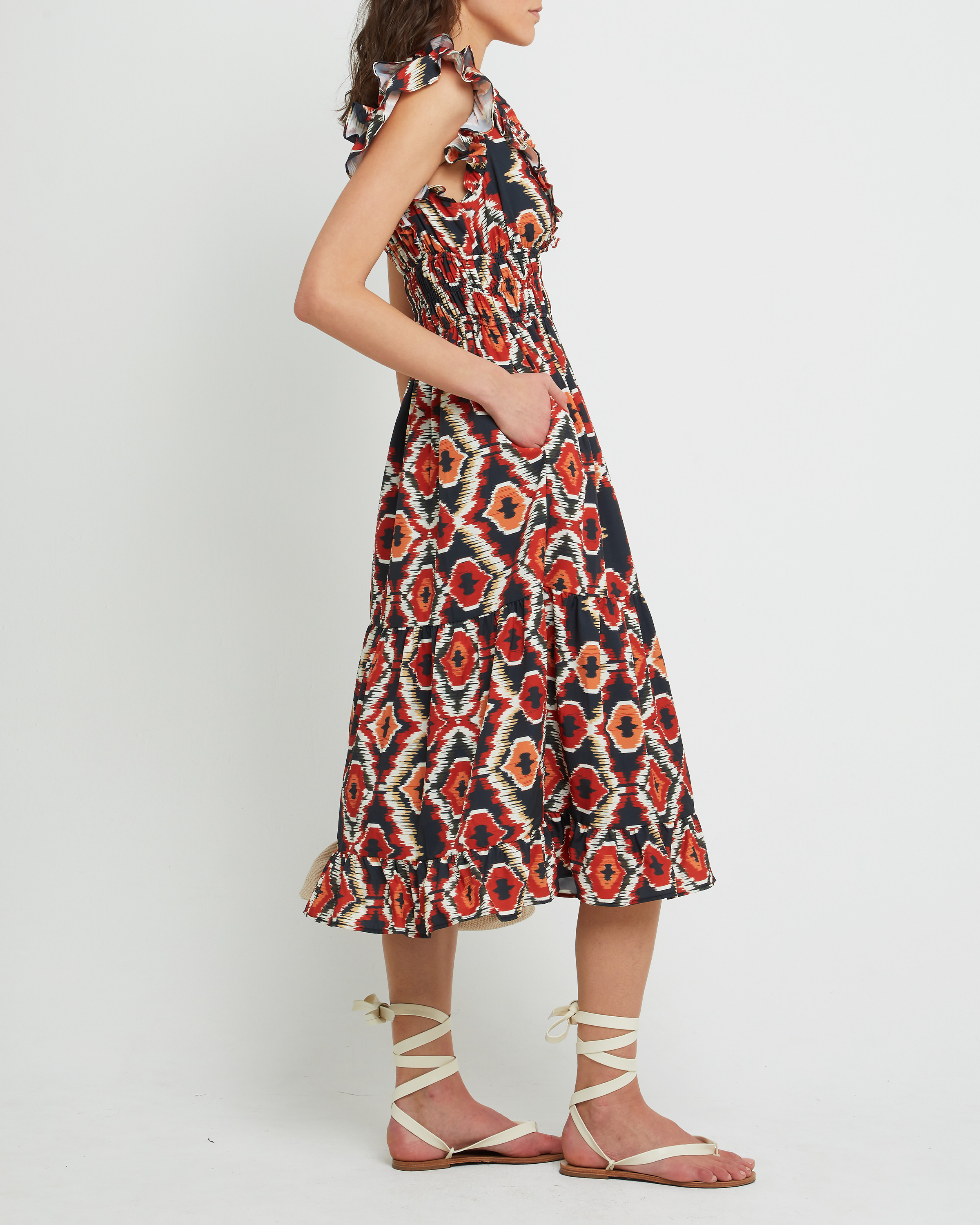 Third image of Viansa Dress, a red maxi dress, print, bold, ruffle sleeves, cap sleeves, V-neck