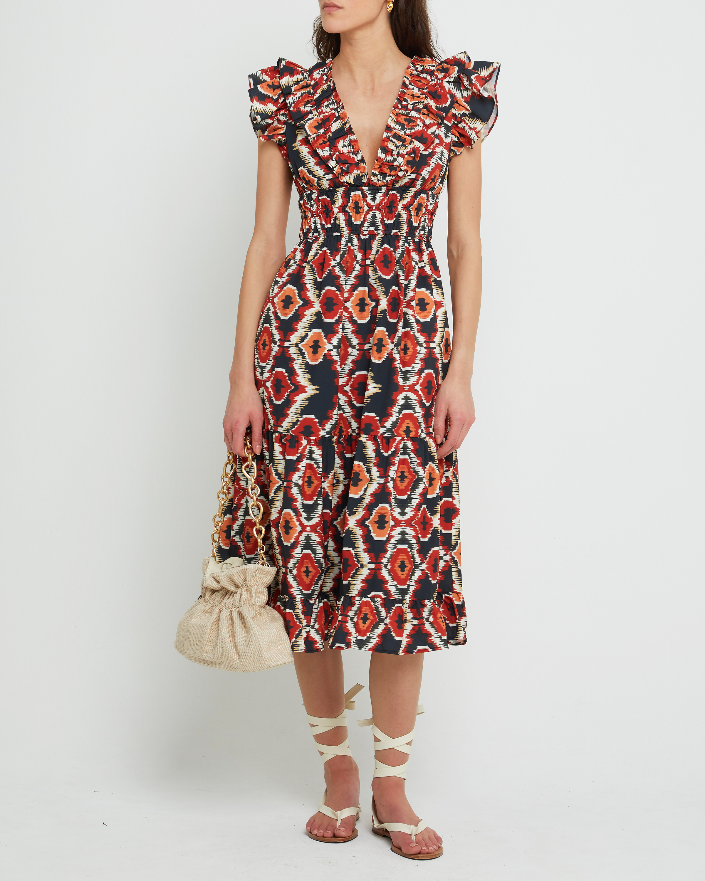 Fifth image of Viansa Dress, a red maxi dress, print, bold, ruffle sleeves, cap sleeves, V-neck