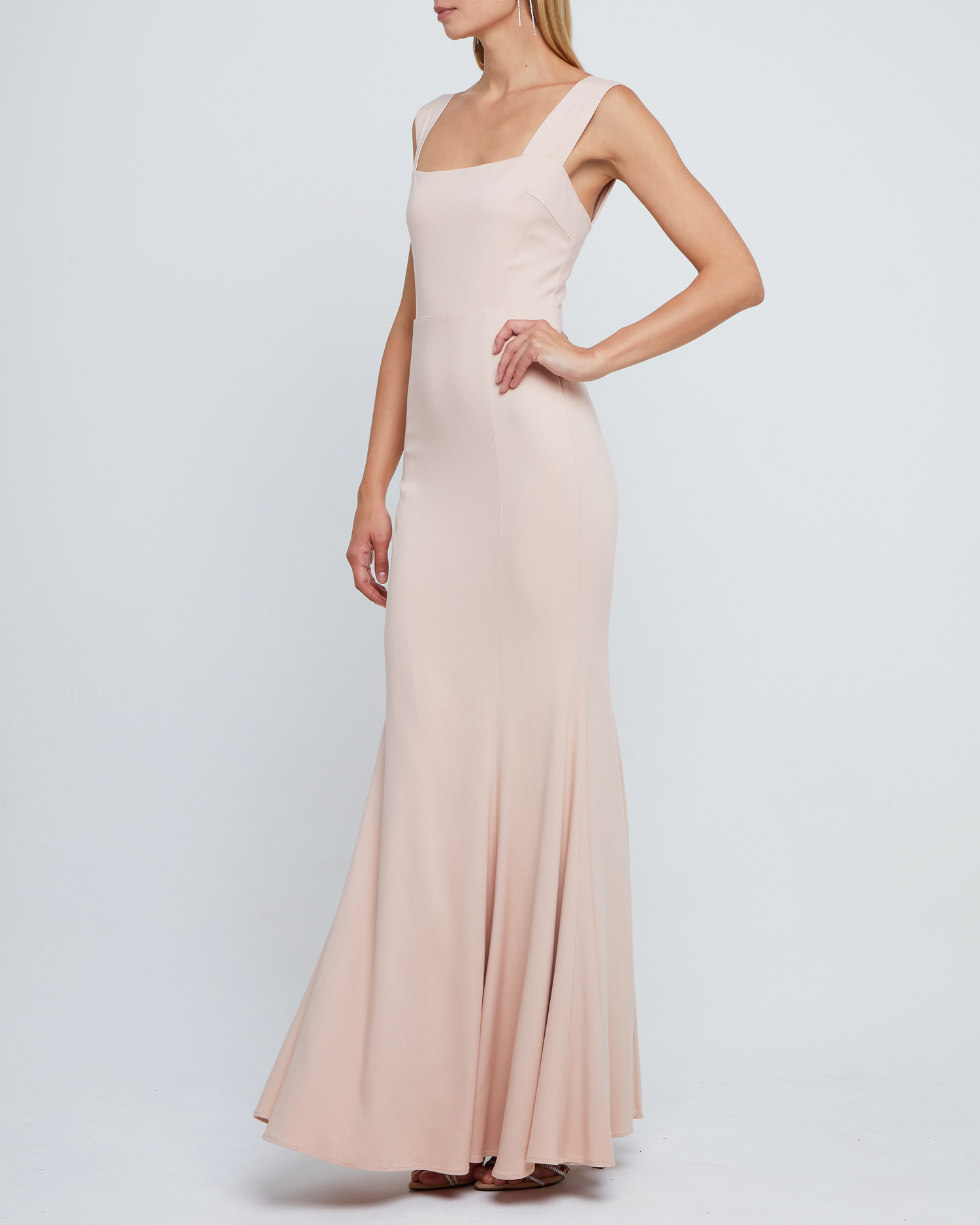 Fifth image of Rya Dress, a pink bridesmaid dress long maxi-length bridesmaid dress with square neckline, back smocked detail, back zipper, thick straps, and lining