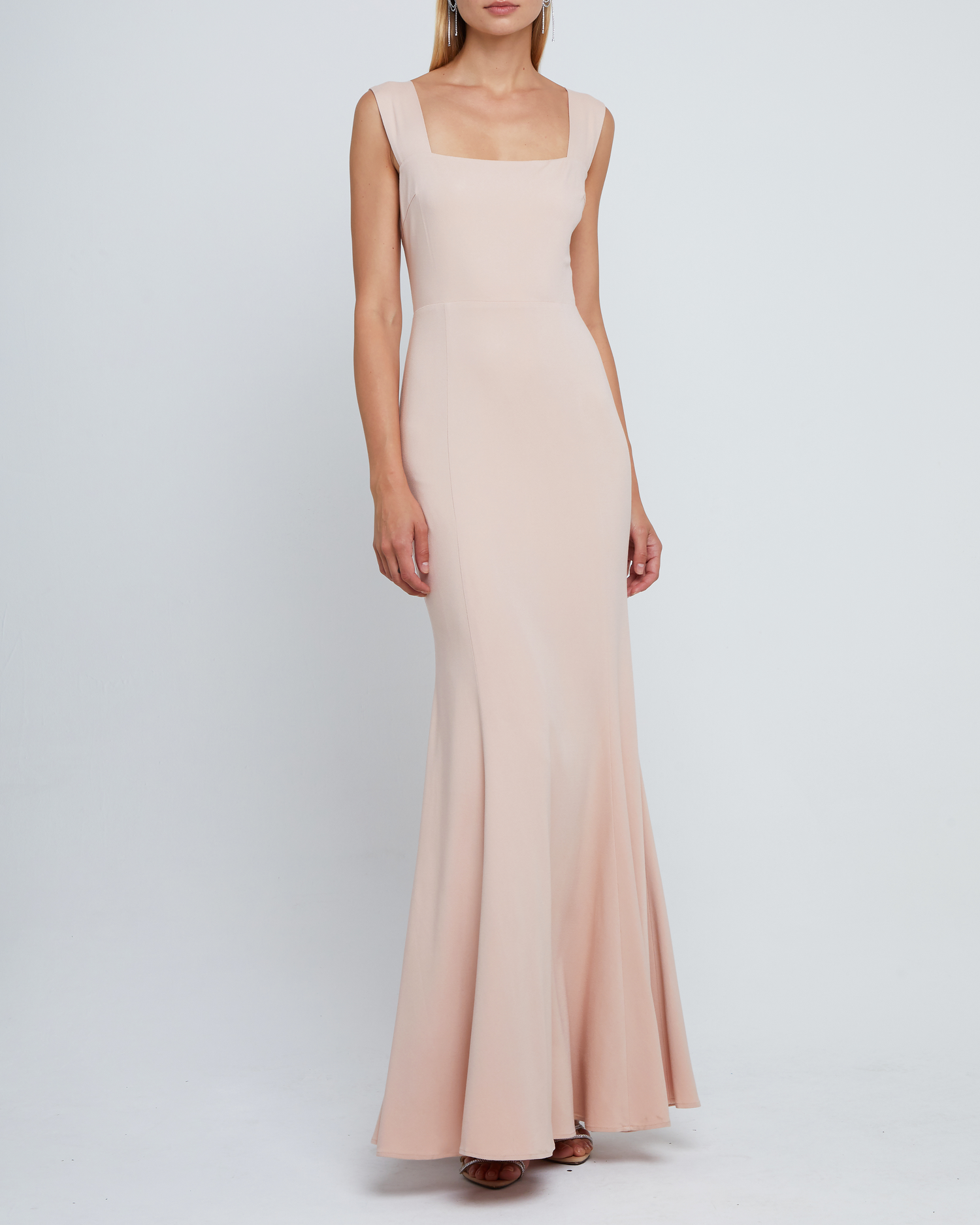 First image of Rya Dress, a pink bridesmaid dress long maxi-length bridesmaid dress with square neckline, back smocked detail, back zipper, thick straps, and lining